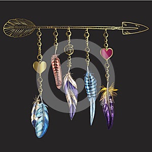 Golden luxury Boho elements. Vector illustration with feathers, arrow and chains. Ornamental bird feathers isolated on black. Mult
