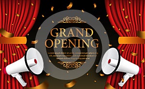 Golden luxury confetti for grand opening with 3d double megaphone and red curtain