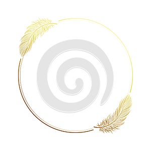 Golden luxury frame with bird feathers isolated on white background. Design for invitations, cards