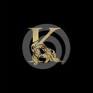 Golden Luxury K Letter Initial Logo Icon, Monogram Ornate Nature Floral Leaf Letter Logo Design