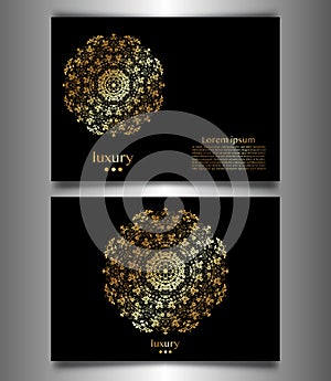 Golden luxury mandala logo template with abstract black background, set card. Can be used for emblem and monogram