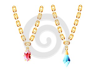 Golden luxury necklace with golden chain and red blue gems vector illustration on white background