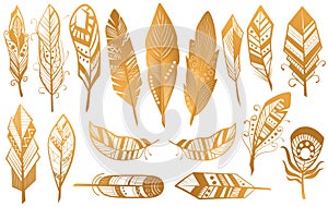 Golden Luxury Tribal Feathers set. Gold boho ethnic collection isolated.