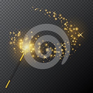 Golden magic wand with glow light effect on transparent background. Vector illustration.