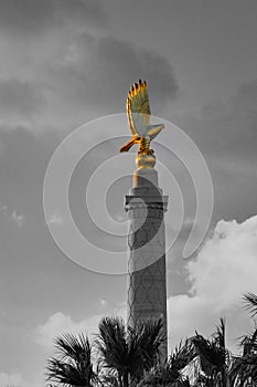 The golden maltese falcon in a black and white sky