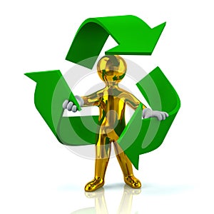 Golden man inside green recycle arrows