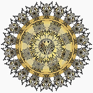 Golden mandala with damask floral pattern, arabesque, fretwork, round oriental ornament. Abstract traditional finely woven decor f