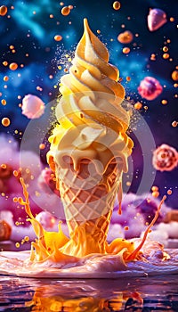 Golden Mango Ice Cream Cone with Sparkling Splash. Perfect for enchanting dessert campaigns, adversting ice cream