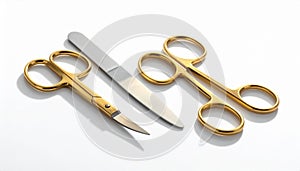 Golden manicure scissors and a silver nail file on a white background tools
