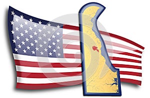 Golden map of Delaware against an American flag