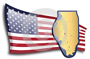 Golden map of Illinois against an American flag