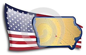 Golden map of Iowa against an American flag