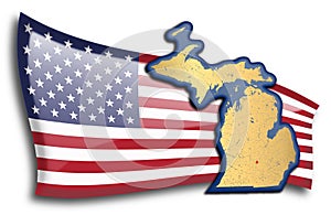 Golden map of Michigan against an American flag