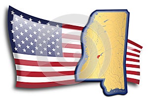 Golden map of Mississippi against an American flag
