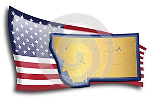 Golden map of Montana against an American flag