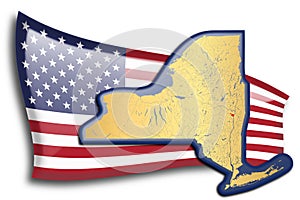 Golden map of New York against an American flag