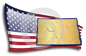 Golden map of North Dakota against an American flag