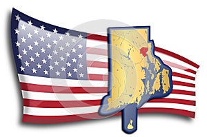 Golden map of Rhode Island against an American flag