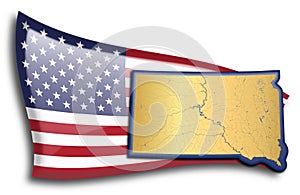 Golden map of South Dakota against an American flag