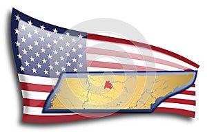 Golden map of Tennessee against an American flag