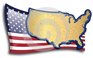 Golden map of the United States against an American flag