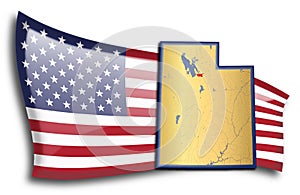 Golden map of Utah against an American flag