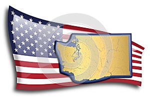 Golden map of Washington against an American flag
