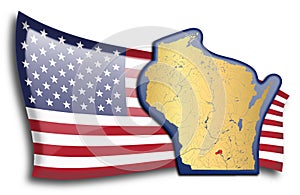 Golden map of Wisconsin against an American flag