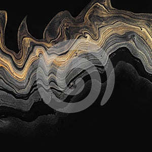Golden marble wave on black. Abstract background or texture. Acrylic Fluid Art