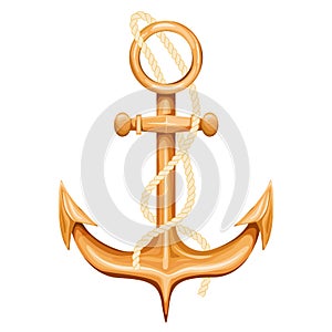 Golden Marine Boat Anchor with rope. Marine element.