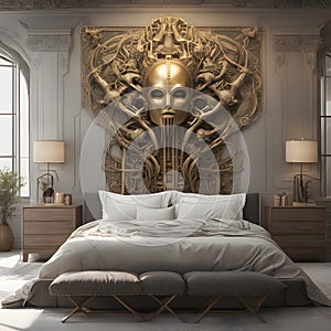 Golden mask on the bed in the bedroom. 3d rendering.