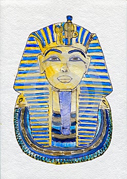 Golden mask of Egyptian pharaoh hand drawn. Tutankhamun Pharaoh of Ancient Egypt watercolor Illustration