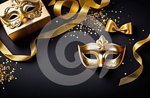 golden mask, gift box, ribbons, confetti on black background, top view. Happy Purim carnival flatlay
