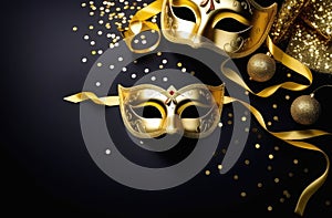 golden mask, ribbons, balls and confetti on black background, flatlay. Purim carnival mask, top view