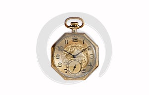 Golden mechanical antique pocket watch on white isolated background. Retro pocketwatch with second, minute, hour hands