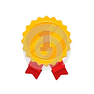 Golden medal with 1st place vector illustration, flat cartoon design of gold medallion in rosette shape label with