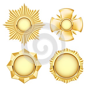 Golden medal and insignia, cogged star and cross, award medallion, military badge