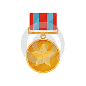Golden medal in round shape with star in center and red-blue ribbon. Shiny award for courage. Flat vector icon