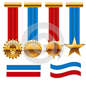 Golden medal set award with red and blue ribbon icon ill