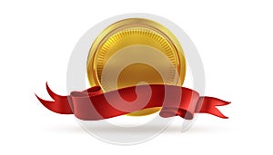 Golden medal. Sticker gold metal badge as blank coin vector symbol of success achievement and first award