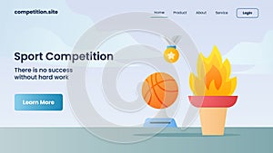 Golden medal, trophy and eternal fire for sport competition with tagline there is no success without hard work for website