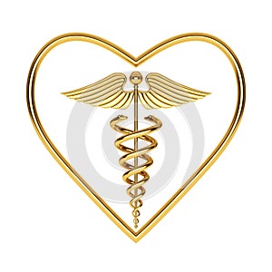 Golden Medical Caduceus Symbol in Shape of Heart. 3d Rendering