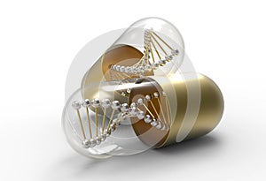 Golden Medical Capsules with DNA Molecule - Genetic Medicine Concept