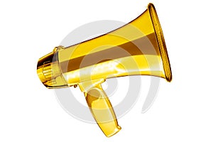 Golden megaphone white background isolated closeup, gold metal loudspeaker, loudhailer, speaking trumpet, bullhorn, announcement photo