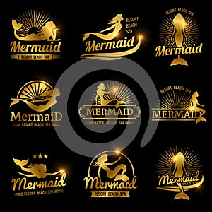 Golden mermaid labels. Shiny resort beach spa logos design