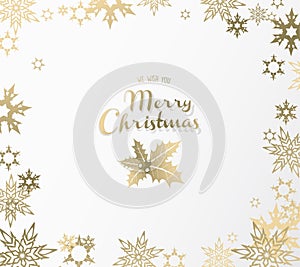 Golden Merry Christmas greeting card with holly.