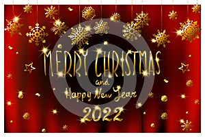 Golden Merry Christmas and Happy New Year 2022 lettering for invitation and greeting card, prints and posters. snow Background.