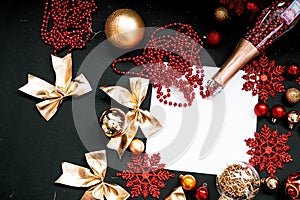Golden Merry Christmas and Happy New Year Decoration. Champagne explosion. Red and gold Bauble on Christmas black