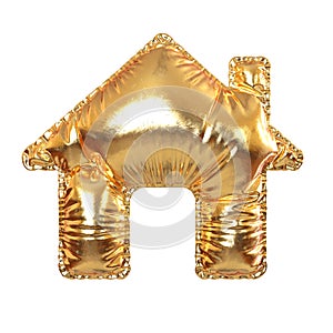 Golden Metal Balloon House Icon Symbol for Festive, Text, Holidays. 3d Rendering