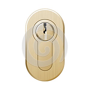 Golden metal keyhole for key of modern door lock on white background isolated
